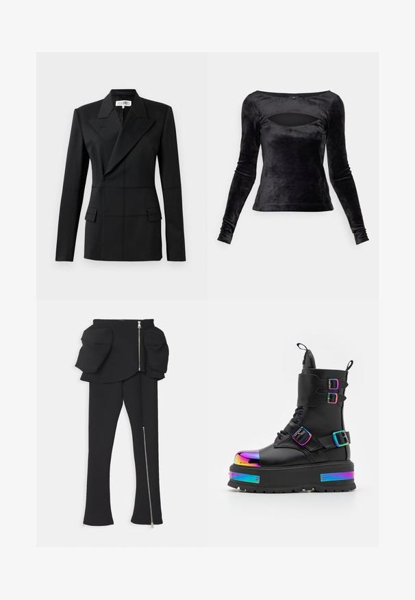 Sort skræddersyet blazer, en lang ærme, notch laps, dobbeltradet lukning, to frontlommer, struktureret stof med synlig syning.; Sort langærmet bluse lavet af blød velour, med en scooped halsudskæring og udskæringsdetalje samt en tætsiddende silhuet. Glat tekstur hele vejen igennem.; A.W.A.K.E. MODE BASQUE PANTS WITH ZIPS AND LARGE POCKETS - Bukser - black; Koi Footwear COSMIC FIRE METAL PLATFORM BOOTS - Snørestøvletter - black/multi-coloured