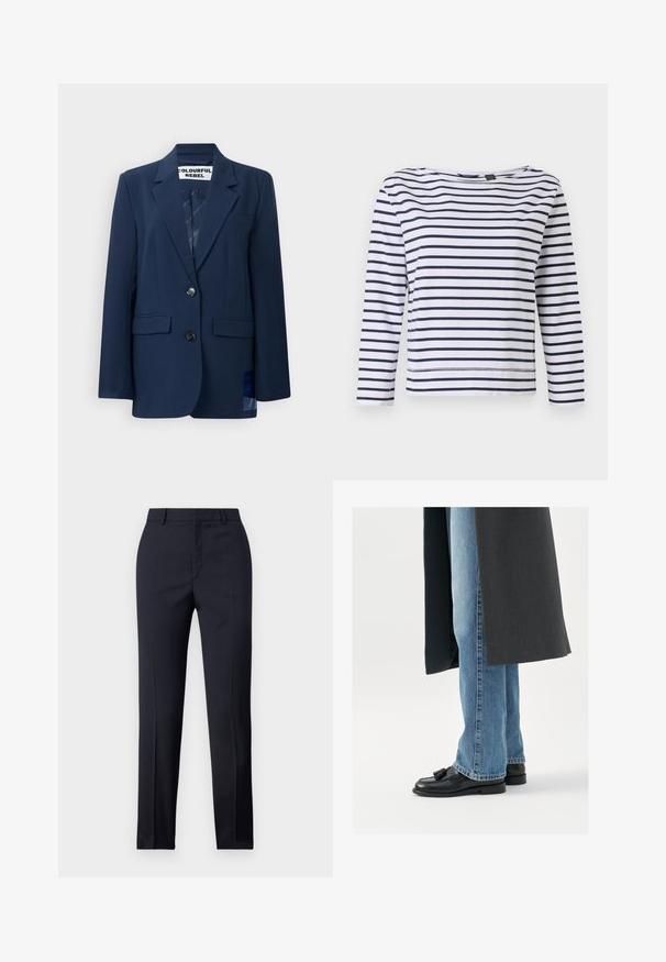 Blazer marine en tissu lisse, avec une fermeture à deux boutons, des revers à crans, deux poches avant et un motif de doublure intérieur subtil.; Haut à manches longues rayé en blanc et bleu marine, avec un col bateau et une coupe décontractée. Fabriqué en coton doux avec des ourlets cousus.; Pantalons ajustés bleu marine avec une coupe droite, présentant une texture lisse, deux poches avant et une taille épurée.; Mocassins en cuir noir avec des pampilles, portés avec un jean droit bleu clair, complétés par un manteau gris foncé. Lignes épurées et tissu texturé.