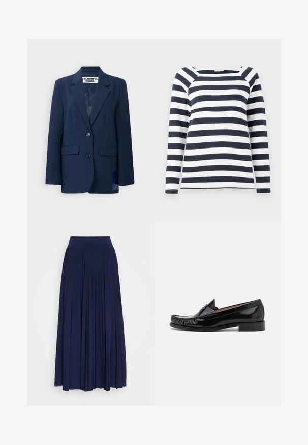 Blazer marine en tissu lisse, avec une fermeture à deux boutons, des revers à crans, deux poches avant et un motif de doublure intérieur subtil.; TOM TAILOR STRIPED CARRE NECK - T-shirt à manches longues - lunar eclipse/off white; Jupe plissée marine en tissu doux, dotée d'une large ceinture confortable et d'un design fluide avec des plis verticaux sur toute sa longueur.; Mocassin en cuir noir avec une finition brillante, présentant des franges à l'avant et un petit talon empilé.