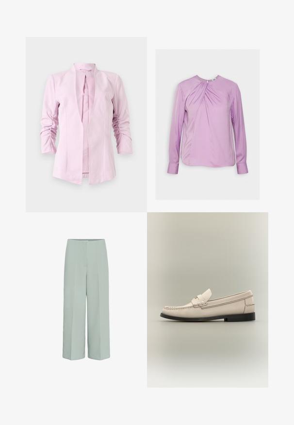 Svetlo ružový blazer s dlhými rukávmi, bez goliera, s nariadeným detailom na rukávoch. Hladká látka s obtiahnutým strihom.; Twist & Tango BRENDA BLOUSE - Blúzka - lilac; Svetlozelené nohavice s širokým strihom vyrobené z mäkkého materiálu, s predným švom a hladkou textúrou s minimalistickým dizajnom.; Pánska béžová kožená mokasína s čiernou podrážkou a ozdobným pásikom na svetlosivom pozadí.