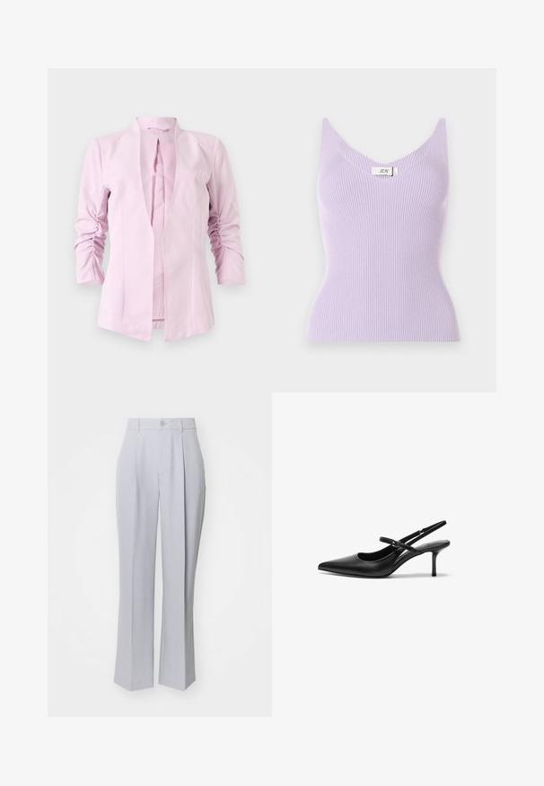 Blazer rosa claro con mangas largas, diseño sin cuello y detalles fruncidos en las mangas. Tejido suave con una silueta ajustada.; Top sin mangas de color lila con un escote en V y un diseño ajustado. El material parece suave con detalles de textura vertical. Etiqueta de la marca visible.; Pantalones de corte gris claro con un diseño de pierna recta, que presentan un solo pliegue delantero, cierre de botón y una textura suave y tejida.; Zapatos de tacón slingback de cuero negro con punta afilada, correa ajustable delgada y un tacón de aguja de aproximadamente 5 cm, textura suave.