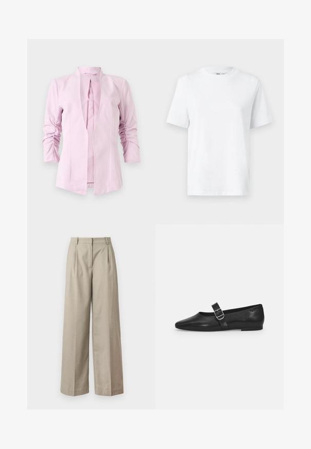 Blazer rosa claro con mangas largas, diseño sin cuello y detalles fruncidos en las mangas. Tejido suave con una silueta ajustada.; Camiseta de algodón blanca de cuello redondo con mangas cortas y una textura suave. Diseñada con un ajuste relajado para mayor comodidad y versatilidad.; Pantalones beige de pierna ancha, fabricados con una tela suave, que presentan una cintura ajustada, pliegues y un corte holgado en las piernas. Diseño sencillo y líneas limpias.; Zapato plano de cuero negro con punta redondeada, una sola correa ajustable con hebilla y una textura suave y brillante. Diseño minimalista con un tacón bajo.