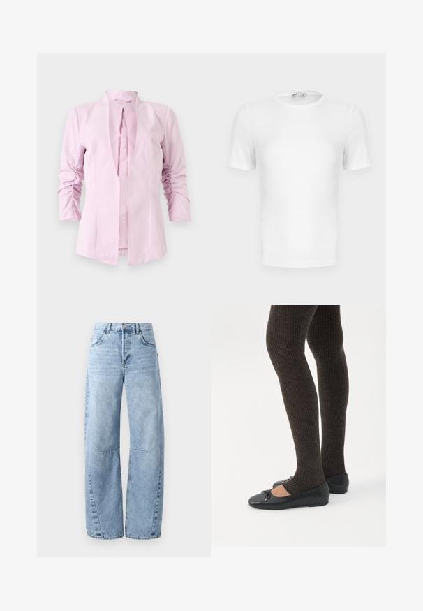Blazer rosa claro con mangas largas, diseño sin cuello y detalles fruncidos en las mangas. Tejido suave con una silueta ajustada.; Camiseta blanca de manga corta con cuello redondo acanalado, corte ajustado y una pequeña etiqueta de la marca en el interior del cuello.; Vaqueros de mezclilla de pierna ancha en tono azul claro, con cintura alta, cinco bolsillos y un ligero desgastado. Las piernas presentan costuras y costuras visibles.; Piernas con leggings oscuros acanalados combinados con bailarinas negras que presentan pequeños detalles de lazo sobre un fondo blanco.