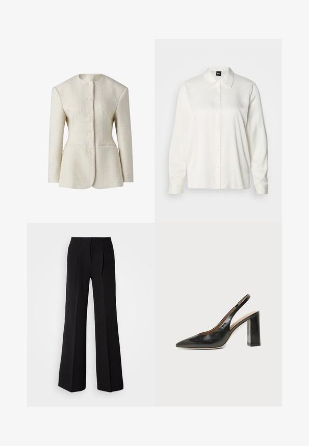 Blazer écru en tissu texturé avec un col haut, fermeture à cinq boutons à l'avant et deux poches latérales. Silhouette ajustée.; Chemise blanche à manches longues en tissu lisse, avec un col classique, une boutonnière à l'avant et des poignets boutonnés, offrant une coupe décontractée.; Pantalons noirs en tissu lisse, avec une taille haute, une coupe évasée et deux plis sur le devant pour un détail de conception supplémentaire.; Chaussure slingback en cuir noir à bout pointu avec un talon bloc haut et une doublure intérieure beige sur un fond clair uni.