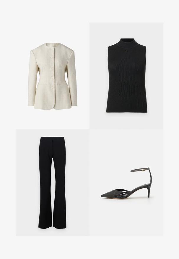 Cremefarvet blazer i struktureret stof med høj hals, femknaps lukning fortil og to sidelommer. Tætsiddende silhuet.; Sort ribbet turtleneck top uden ærmer med lille guld "AX" logo centreret under halsudskæringen på en lys ensfarvet baggrund.; Sorte flared bukser i strækstof med en glat overflade og en tætsiddende talje. Ingen synlige lukninger eller mønstre.; Sort læder højhælet sko med spids tå, åbne sider og en tynd ankelrem med en lille guld detalje.