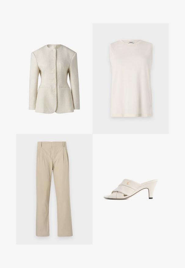 Blazer écru en tissu texturé avec un col haut, fermeture à cinq boutons à l'avant et deux poches latérales. Silhouette ajustée.; Top sans manches en tissu beige clair, avec un col rond et une coupe décontractée. Texture lisse sans embellissements ni motifs.; Pantalons larges beige en mélange de coton ; avec plis à l'avant, coupe droite et passants de ceinture. Texture lisse, sans motifs.; Mules à talons hauts beiges avec un design de bride en cuir torsadé, bout ouvert et motif de logo en relief. Le talon présente un détail d'embout noir.