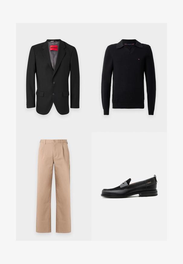 Sort skræddersyet blazer lavet af struktureret stof. Har skrå klapper, to forlommer og en enkeltknap lukning.; Sort pullover sweater med et struktureret strikdesign, der har V-hals og en kontrastfarvet krave. Lille logo detalje på brystet.; Beige lige bukser med bæltestropper, frontknap og lynlås lukning, samt diskrete folder under taljebåndet.; Sort læderloafer med grå remdetalje, lav hæl og tekstureret sål, mærket med "HUGO" i guld på siden.