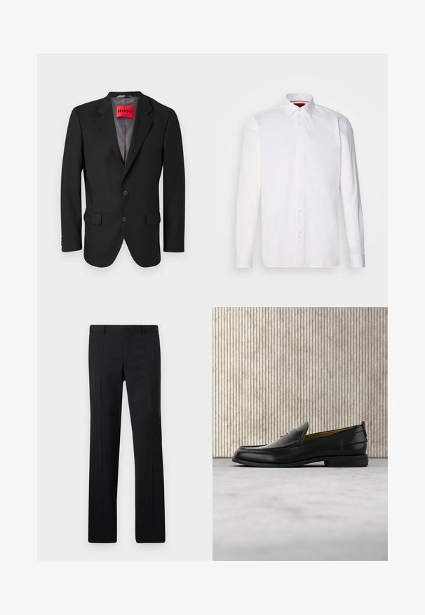 Blazer negro a medida hecho de tejido estructurado. Presenta solapas con muesca, dos bolsillos frontales y un cierre de botón de una sola fila.; Camisa blanca de manga larga hecha de algodón, con un collar clásico, placket frontal con botones y una textura suave. Detalle interior del collar en rojo.; Pantalones negros ajustados con un diseño de pierna recta, pliegues marcados y un acabado suave. Fabricados en tejido ligero con una cintura limpia.; Mocasín de cuero negro para hombre con empeine grabado en relieve de cocodrilo y tacón bajo, mostrado de perfil sobre un fondo neutro.