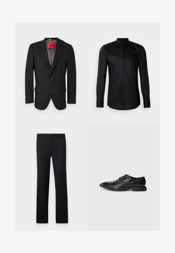 Blazer negro a medida hecho de tejido estructurado. Presenta solapas con muesca, dos bolsillos frontales y un cierre de botón de una sola fila.; Camisa negra de manga larga con botones, confeccionada en tela suave. Cuenta con cuello clásico, abotonadura frontal y puños de contraste.; Pantalones negros ajustados con un diseño de pierna recta, pliegues marcados y un acabado suave. Fabricados en tejido ligero con una cintura limpia.; Zapato de vestir negro de cuero con una textura suave, punta afilada, diseño de cordones con seis ojales y un tacón rectangular bajo. Detalle de marca sutil en el lateral.