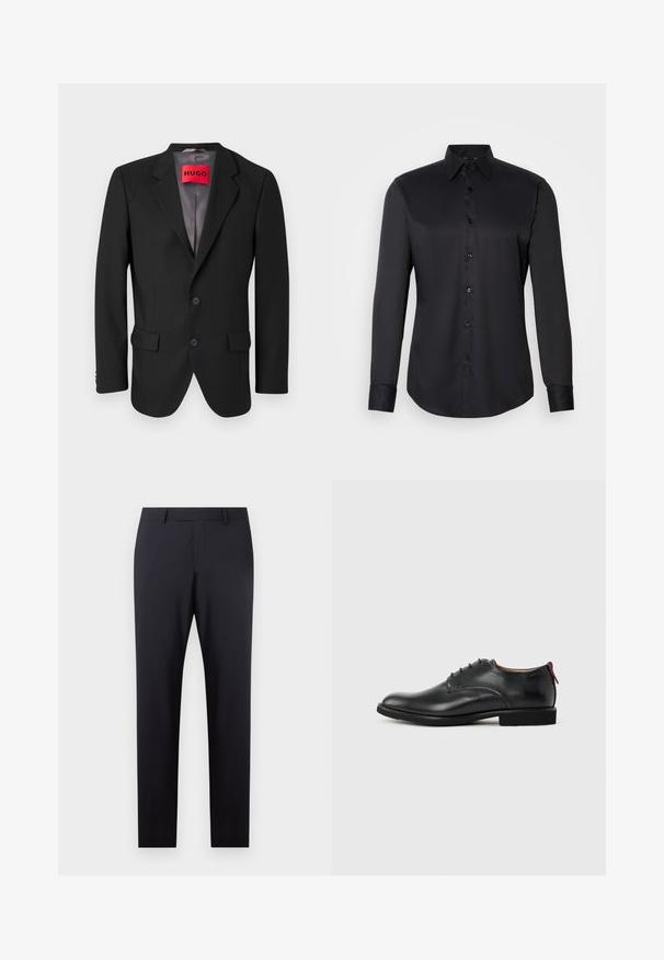 Blazer negro a medida hecho de tejido estructurado. Presenta solapas con muesca, dos bolsillos frontales y un cierre de botón de una sola fila.; Camisa negra de manga larga con botones, hecha de una tela suave, que presenta un cuello clásico y un cierre de botones en el frente.; Pantalones oscuros de navy ajustados, con un frente plano, corte slim, bolsillos laterales y una textura suave; sin patrones o adornos visibles.; Zapato de vestir para hombre de cuero negro con cordones en la parte delantera y tira roja en el talón sobre un fondo liso.