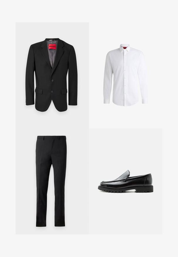 Blazer negro a medida hecho de tejido estructurado. Presenta solapas con muesca, dos bolsillos frontales y un cierre de botón de una sola fila.; Camisa blanca de botones, confeccionada en tela suave, con collar clásico, mangas largas y dobladillo curvado. Presenta botones beige en la parte delantera.; Pantalones negros con un corte ajustado, que presentan un frente plano, dos pliegues, pasadores para cinturón y una textura suave. Sin patrones ni accesorios visibles.; Mocasín de cuero negro con suela de goma gruesa, empeine cosido y nombre de la marca en relieve en el talón, mostrado en perfil lateral sobre fondo blanco.