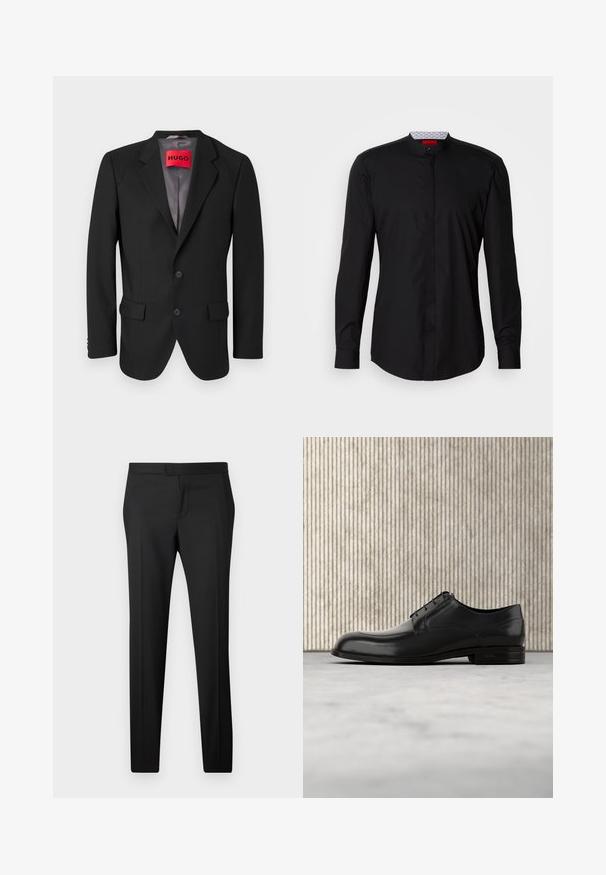 Blazer negro a medida hecho de tejido estructurado. Presenta solapas con muesca, dos bolsillos frontales y un cierre de botón de una sola fila.; Camisa negra de manga larga con cuello mandarín, confeccionada en una tela suave, con cierre de botones en la parte delantera y detalles de diseño sutiles.; Pantalones negros ajustados de corte recto, hechos de una tela suave. Presentan un frente plano, trabillas para cinturón y sin patrones o adornos visibles.; Zapato de vestir de cuero negro con punta redondeada, textura suave, costuras mínimas y suela plana con un sutil logo en el tacón.