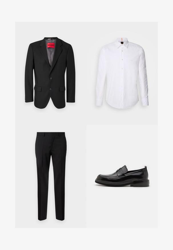 Blazer negro a medida hecho de tejido estructurado. Presenta solapas con muesca, dos bolsillos frontales y un cierre de botón de una sola fila.; Camisa blanca de manga larga y corte clásico, hecha de algodón, que presenta un cuello clásico, un logo sutil cerca del pecho y botones blancos.; Pantalones negros de corte ajustado, hechos de una tela suave, con pernera recta, detalles de pinzas refinadas y una cinturilla clásica con ojales para cinturón.; Calvin Klein MOCCASIN - Mocasines elegantes - black