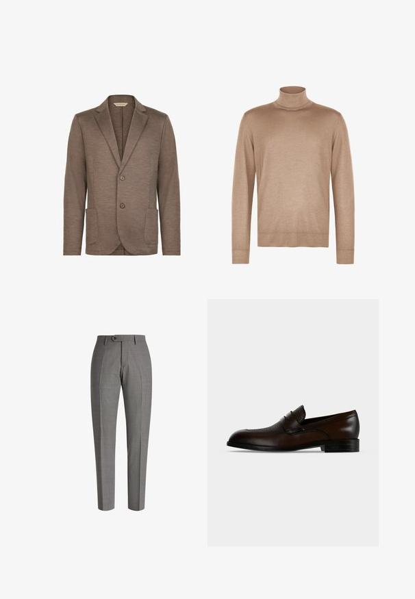 Brauner Strickblazer mit glatter Textur, Reverskragen, zwei Knopfverschluss und zwei Vordertaschen. Einfaches Design, keine sichtbaren Muster.; Beiger Rollkragenpullover mit langen Ärmeln aus weichem Strickstoff mit gerippten Bündchen und Saum.; Graue, maßgeschneiderte Hosen mit strukturierter Oberfläche, schlanker Schnitt, vorderer Bügelfalte und einem einzelnen Knopfverschluss an der Taille.; Dunkelbrauner Herrenslipper aus Leder mit strukturierter Oberseite und niedrigem schwarzem Absatz vor einfarbig hellgrauem Hintergrund.