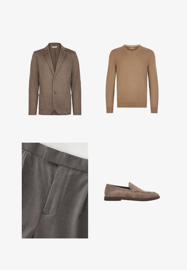 Brauner Strickblazer mit glatter Textur, Reverskragen, zwei Knopfverschluss und zwei Vordertaschen. Einfaches Design, keine sichtbaren Muster.; Hellbrauner langärmeliger Rundhalsausschnitt-Pullover mit gerippten Bündchen und Saum, aus weichem Kaschmirstoff.; Graue maßgeschneiderte Hosen mit glatter Textur, gerader Form und einem dezenten Fronttaschendetail. Der Bund ist ordentlich verarbeitet.; Beiger Wildleder-Herrenloafers mit flacher, dunkelbrauner Sohle und minimalen Nähten, seitlich auf weißem Hintergrund dargestellt.