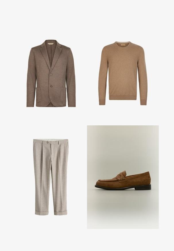 Brun strikket blazer med glat tekstur, slagkrave, to-knaps lukning og to frontlommer. Enkel design, ingen synlige mønstre.; Lysbrun langærmet crewneck sweater med ribbede manchetter og kant, lavet af blødt kasmirstad.; Lysebeige skræddersyede bukser med knaplukning, bæltestropper, sidelommer og omslag ved buksebenene.; Brun ruskind loafer med en lav sort hæl og et syet remdetalje på overdelen, vist fra siden mod en neutral baggrund.