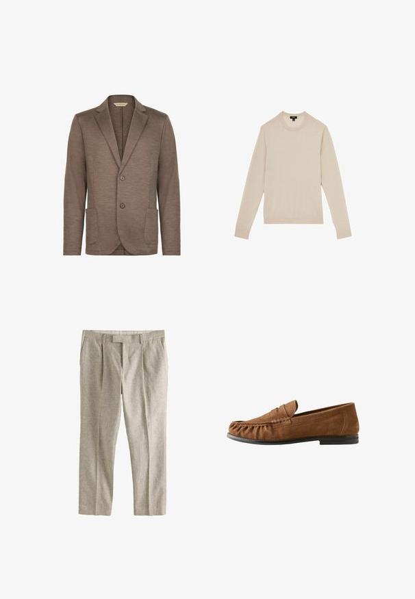 Brun strikket blazer med glat tekstur, slagkrave, to-knaps lukning og to frontlommer. Enkel design, ingen synlige mønstre.; Lyse beige langærmet sweater med rund halsudskæring. Fremstillet i blødt stof og med ribbet manchetter og kant. Minimalistisk design uden mønstre.; Beige bukser i linnedblanding med frontplisseringer, sidelommer, bæltestropper og skjult lynlåslukning foran.; Brun ruskind herreloafer med syet mokkasintå og flad sort sål, vist i sideprofil på hvid baggrund.