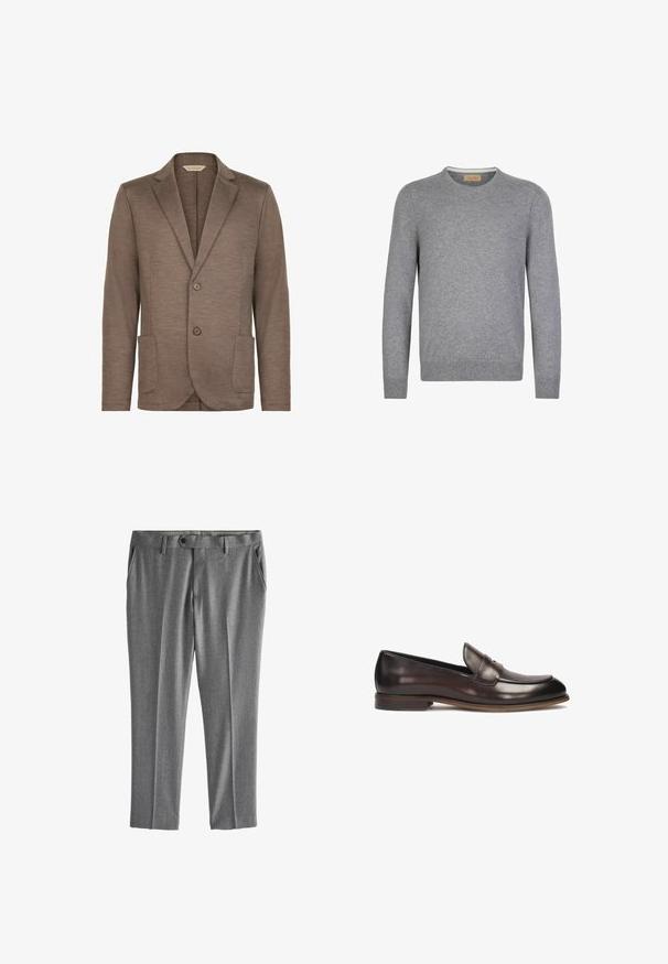 Brauner Strickblazer mit glatter Textur, Reverskragen, zwei Knopfverschluss und zwei Vordertaschen. Einfaches Design, keine sichtbaren Muster.; Grauer, langärmeliger Pullover aus weichem Strickmaterial. Rundhalsausschnitt, gerippte Bündchen und Saum, mit einem einfachen und klaren Design.; Graue formelle Hose mit Gürtelschlaufen, Frontknopfverschluss und Seitentaschen, flach auf weißem Hintergrund dargestellt.; Dunkelbraune Lederloafers mit abgerundeter Spitze, erhobenem Steppdetail und leichtem Absatz. Glatte Textur und klassisches Design.