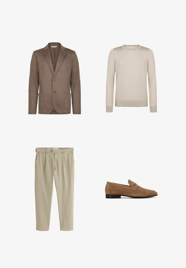 Brauner Strickblazer mit glatter Textur, Reverskragen, zwei Knopfverschluss und zwei Vordertaschen. Einfaches Design, keine sichtbaren Muster.; Helles beiges Sweatshirt aus weichem Material. Mit rundem Halsausschnitt, langen Ärmeln und gerippten Bündchen sowie Saum für eine taillierte Optik.; Beige gerade geschnittene Freizeithose mit Knopf- und Reißverschluss vorne, Gürtelschlaufen und Seitentaschen.; Hellbrauner Veloursleder-Herrenloafer mit perforiertem Design, niedrigem schwarzem Absatz und einem Riemendetail über dem Spann.