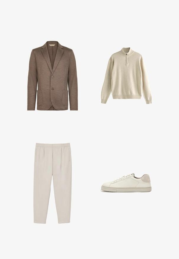 Brun strikket blazer med glat tekstur, slagkrave, to-knaps lukning og to frontlommer. Enkel design, ingen synlige mønstre.; Beige langærmet striktrøje med ribbet krave, manchetter og kant, med en front kvart lynlås lukning.; Lys beige skrå bukser med plisseringer ved taljen, sidelommer og elastisk taljebånd, vist fladt på en hvid baggrund.; Hvid lavtopet lædersneaker med hvide snørebånd, let struktureret sål og lys grå ruskinds-hælpatch, sideudsigt.