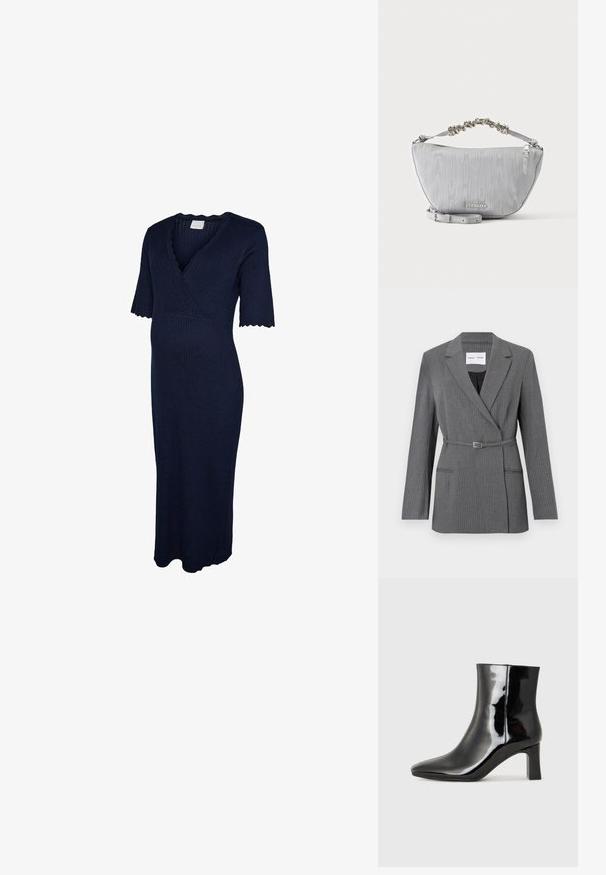Grijs pinstriped blazer met een getailleerde pasvorm, notch revers, sluiting met één knop en een ceintuur in de taille. Voorzien van twee voorzakken.; Marineblauwe geribde zwangerschapsjurk met V-hals, ellebooglange mouwen en gegolfde randen aan de halslijn en manchetten.; Zwarte gepolijste leren enkellaars met een spitse neus en een blokhak van gemiddelde hoogte. Glad textuur en minimalistisch ontwerp.; Lichtgrijze halfmaantas met geplooid zilverkleurig kettinghengsel, ritssluiting, verstelbare leren schouderriem en "Steve Madden"-logo aan de voorkant.