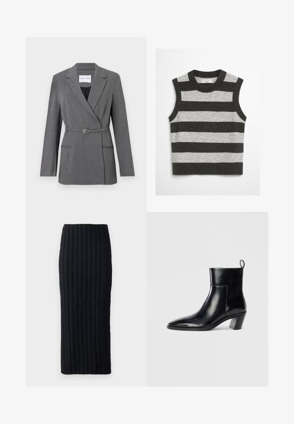Grå stribet blazer med en skræddersyet pasform, notch-lapel, enkeltknaplukning og bælte om livet. Har to frontlommer.; Ærmeløs sweater i grå og mørkegrå striber, lavet af blødt stof. Har en rund halsudskæring og en lige pasform.; Sort midiskirt med en tekstureret, ribbet design med lodrette linjer. Lavet af et strækbart stof, har den en tætsiddende silhuet og en glat overflade.; Sort læder ankelstøvle med spids tå, geometrisk stablet hæl og en løftestrop bagpå. Glat tekstur og slankt design.