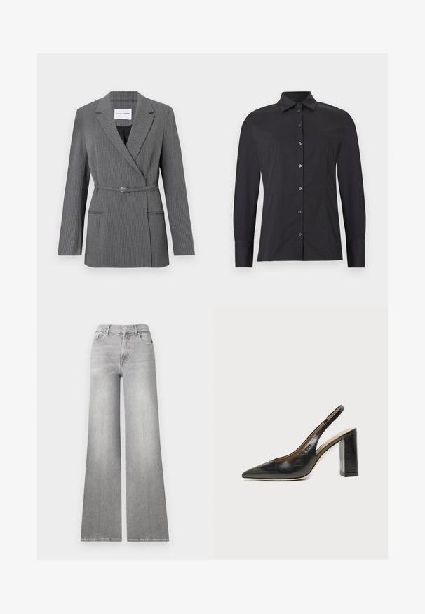 Grå stribet blazer med en skræddersyet pasform, notch-lapel, enkeltknaplukning og bælte om livet. Har to frontlommer.; Sort langærmet skjorte med knapper, klassisk krave, tætsiddende pasform og sømdetaljer på en lysegrå baggrund.; Bredde ben grå denim jeans med en falmet finish, frontlomme og knaplukning. Har lige ben og klassisk kant.; Sort læder peep-toe slingback sko med høj blokhæl og beige indvendig foring mod en ensfarvet lys baggrund.