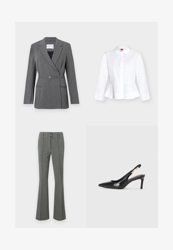 Grå stribet blazer med en skræddersyet pasform, notch-lapel, enkeltknaplukning og bælte om livet. Har to frontlommer.; Hvid langærmet skjorte med knapper, krave og peplum-detalje ved taljen på en ensartet lys baggrund.; Grå, vidde bukser lavet af tekstureret stof. Har to knapper i taljen og syningsdetaljer foran.; Sort læder slingback højhælede sko med spidse tæer, glat overflade og en smal ankelrem med guldfarvede hardware detaljer.