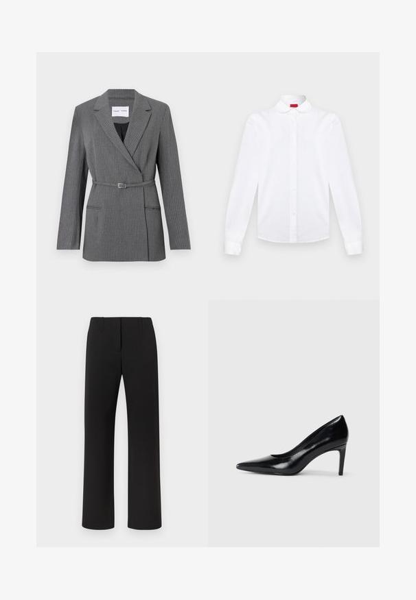 Grå stribet blazer med en skræddersyet pasform, notch-lapel, enkeltknaplukning og bælte om livet. Har to frontlommer.; Hvid langærmet skjorte med knapper, afrundet krave, knaplukning foran og manchetter, vist på en ensfarvet baggrund.; Sorte bukser med lige ben, der har en glat tekstur, skjult frontlukning og to forlommer.; Sort læder højhælede sko med spids tå, glat tekstur og en taperet hæl. Minimalistisk design uden yderligere udsmykninger.