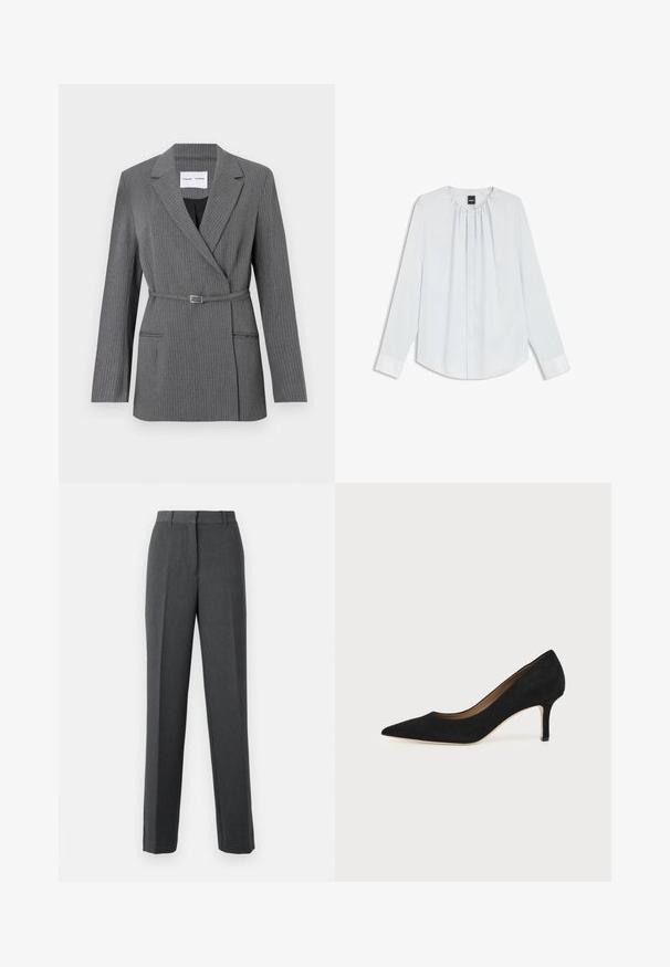 Blazer gris à rayures avec une coupe ajustée, revers crantés, fermeture à un bouton et taille ceinturée. Comprend deux poches avant.; Blouse blanche à manches longues avec col plissé, boutons avant cachés et poignets, posée à plat sur un fond blanc.; Pantalons de costume gris foncé ajustés avec une coupe droite, passants de ceinture et fermeture frontale dissimulée.; Escarpin en daim noir à bout pointu avec un talon stiletto fin de hauteur moyenne et un design à coupe basse sur un fond uni.