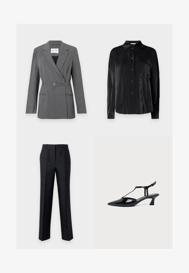 Blazer gris à rayures avec une coupe ajustée, revers crantés, fermeture à un bouton et taille ceinturée. Comprend deux poches avant.; Chemise noire à manches longues, boutonnée, fabriquée en tissu lisse et brillant. Elle présente un col pointu et une poche poitrine.; Pantalon noir avec une coupe droite, texture lisse et fermeture à glissière dissimulée. Présente des plis pour un style supplémentaire et un look ajusté.; Chaussure slingback en cuir verni noir à bout pointu avec bride en T et petit talon bloc incliné sur fond blanc.