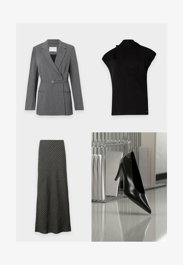 Blazer gris à rayures avec une coupe ajustée, revers crantés, fermeture à un bouton et taille ceinturée. Comprend deux poches avant.; Top noir à col montant avec manches courtes, présentant un design asymétrique et une longue cravate. Fabriqué en tissu lisse au look minimaliste.; Jupe midi noire avec des rayures blanches diagonales, fabriquée dans un tissu lisse. Présente un design évasé et une silhouette en A.; Chaussure noire à talon haut avec bout pointu et logo doré, posée sur une surface réfléchissante près d'un organiseur de dossiers en fil chromé contenant des documents.