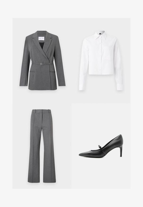 Grå stribet blazer med en skræddersyet pasform, notch-lapel, enkeltknaplukning og bælte om livet. Har to frontlommer.; Hvid cropped button-up skjorte med lyseblå vertikale striber, lange ærmer, enkelt brystlomme og klassisk krave. Fabrik i bomuldsblanding.; Grå stribede flared bukser med flad front, bæltesløjfer og glat tekstur. Design i fuld længde med subtile mønsterdetaljer.; Sort læderspids højhælede sko med tynd rem og spænde over vristen, stående på en neutral lys baggrund.