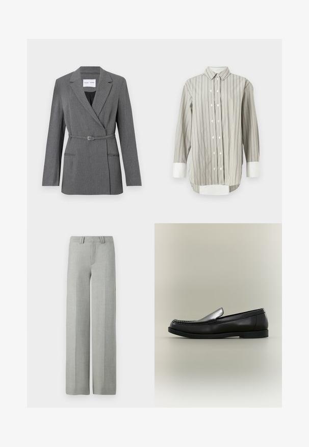 Grå stribet blazer med en skræddersyet pasform, notch-lapel, enkeltknaplukning og bælte om livet. Har to frontlommer.; Stribet skjorte i grå og hvid, med klassisk krave, knaplukning med hvide knapper og kontrasterende hvide manchetter. Lange ærmer.; Grå bredbensbukser i et letvægtsmateriale, med flad front, bæltehuller og rene, skræddersyede linjer uden synlige mønstre.; Sort læder loafer med moc toe-syning, lav hæl og slip-on design mod en neutral baggrund.