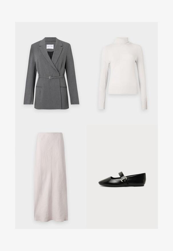 Grå stribet blazer med en skræddersyet pasform, notch-lapel, enkeltknaplukning og bælte om livet. Har to frontlommer.; Cremefarvet ribbet langærmet turtleneck-top med en tætsiddende silhuet foran en ensfarvet hvid baggrund.; Lys pink maxi nederdel i linned med et rent, lige design. Stoffet har en let struktureret overflade og en elastisk talje.; Sort læder Mary Jane-flad sko med rundet tå og sølvspænde på ensfarvet baggrund.