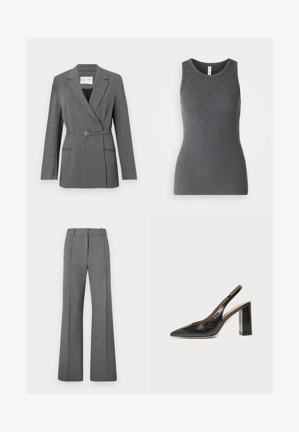 Grå stribet blazer med en skræddersyet pasform, notch-lapel, enkeltknaplukning og bælte om livet. Har to frontlommer.; Grå ærmeløs tanktop lavet af ribbet materiale; har en rund halsudskæring og et tætsiddende design. Ingen mønstre eller yderligere detaljer.; Grå stribede flared bukser med flad front, bæltesløjfer og glat tekstur. Design i fuld længde med subtile mønsterdetaljer.; Sort læder peep-toe slingback sko med høj blokhæl og beige indvendig foring mod en ensfarvet lys baggrund.