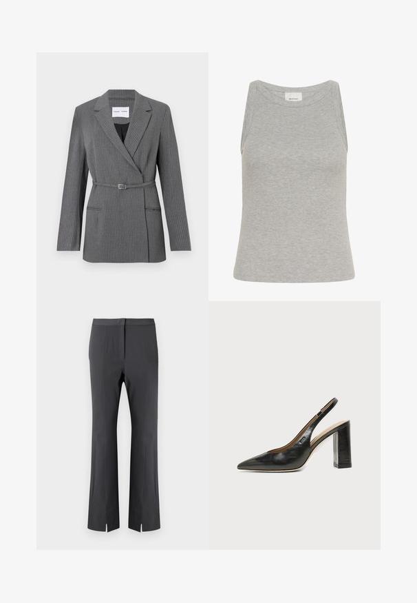 Grå stribet blazer med en skræddersyet pasform, notch-lapel, enkeltknaplukning og bælte om livet. Har to frontlommer.; Grå ribbet tanktop med rund halsudskæring og ærmeløs design. Fremstillet af blødt stof, har en tætsiddende silhuet og minimale syninger.; Sorte bukser med slank pasform, lavet af glat materiale, med frontnervatur og sideslids ved kanten for ekstra design.; Sort læder peep-toe slingback sko med høj blokhæl og beige indvendig foring mod en ensfarvet lys baggrund.