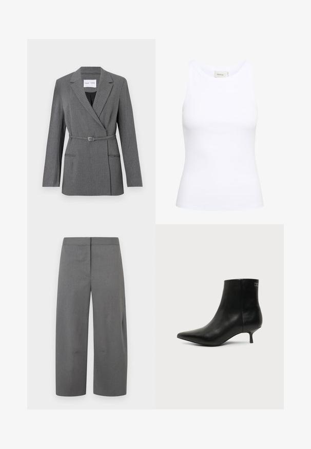Grå stribet blazer med en skræddersyet pasform, notch-lapel, enkeltknaplukning og bælte om livet. Har to frontlommer.; Hvid ribbet tanktop med rund halsudskæring og uden ærmer. Strækbart stof og tætsiddende design. Etiketten bagpå viser "GESTUZ."; Grå skræddersyede bukser med et lige, vidbenet design. Glat tekstur, minimal syning og uden synlige lommer eller pynt.; Sort læder ankelstøvle med spids tå og lav kitten hæl på lys baggrund, der viser yderside.