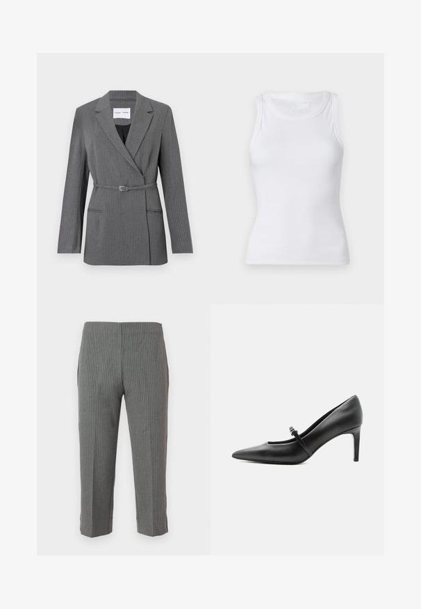 Grå stribet blazer med en skræddersyet pasform, notch-lapel, enkeltknaplukning og bælte om livet. Har to frontlommer.; Hvid ribbet tanktop med rund halsudskæring og ærmeløs design. Materialet virker glat med en tætsiddende silhuet. Ingen synlige mønstre eller accenter.; Grå stribede bukser med en tapered design, der har en glat overflade og en cropped længde. Ingen synlige lukninger eller lommer.; Sort læderspids højhælede sko med tynd rem og spænde over vristen, stående på en neutral lys baggrund.
