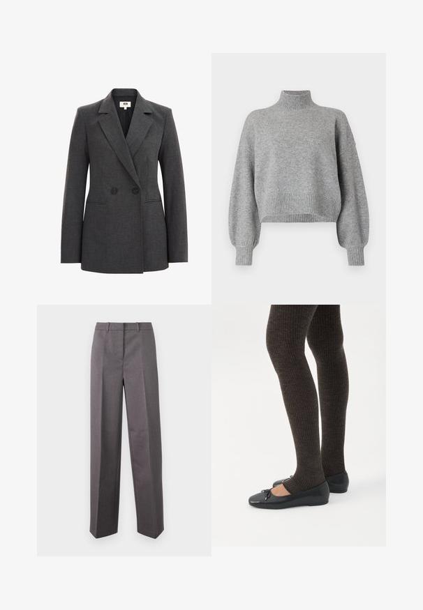 Grau gestreifter Doppelpackungsblazer aus strukturiertem Stoff, mit Reverskragen, zwei schwarzen Knöpfen und seitlichen Taschen. Taillierte Passform.; Grauer, geschnittene Pullover mit hohem Kragen, gerippten Bündchen und Saum sowie überschnittenen Schultern. Weicher Stoff mit minimalen Nähten.; Grau maßgeschneiderte Hose aus strukturiertem Stoff, mit geradem Bein, flacher Vorderseite und Gürtelschlaufen.; Beine in dunklen, gerippten Leggings kombiniert mit schwarzen Ballerinas mit kleinen Schleifendetails auf weißem Hintergrund.