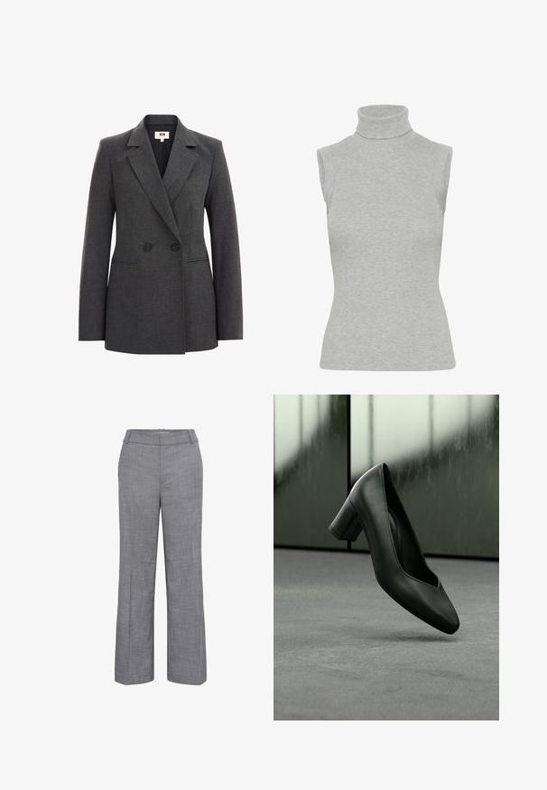 Blazer gris de doble botonadura hecho de tejido texturizado, con solapas de muesca, dos botones negros y bolsillos laterales. Diseño ajustado.; Top sin mangas de cuello alto en color gris, hecho de un material de punto acanalado. Presenta un diseño ajustado con un escote alto y una textura suave.; Pantalones de vestir ajustados en gris con un sutil patrón de cuadros, corte recto, trabillas para cinturón y bolsillos delanteros, presentados sobre un fondo blanco liso.; Zapato de mujer de piel negra con tacón bajo en bloque flotando sobre una superficie gris con un fondo borroso verde y negro.