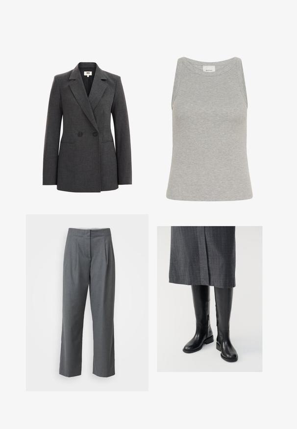 Blazer double boutonné gris en tissu texturé, avec des revers crantés, deux boutons noirs et des poches latérales. Design ajusté.; Débardeur gris côtelé avec un col rond et un design sans manches. Fabriqué en tissu doux, il présente une silhouette ajustée et des coutures minimales.; Pantalons gris ajustés à coupe droite, avec une texture lisse, des plis devant et des poches latérales. Pas de quincaillerie ou d'accents visibles.; Bottes en cuir noir montantes jusqu'aux genoux, avec une texture lisse, des fermetures éclair sur le côté et une semelle plate. Les bottes présentent un tige structurée et un matériel minimal.