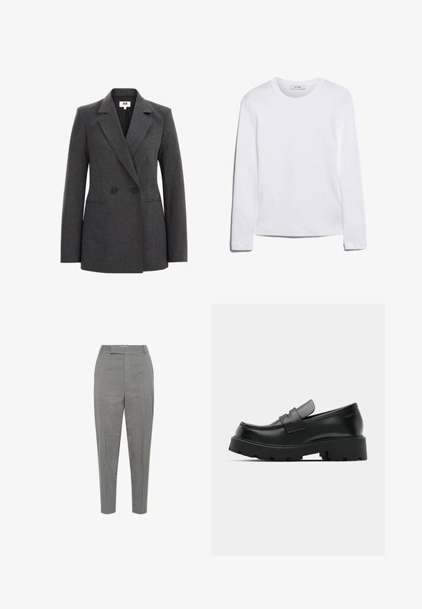 Blazer double boutonné gris en tissu texturé, avec des revers crantés, deux boutons noirs et des poches latérales. Design ajusté.; T-shirt blanc à manches longues en coton côtelé, avec un col rond et un ourlet droit. Design simple sans motifs ni accents.; Pantalons rayés gris avec une coupe ajustée, présentant une taille haute, des jambes droites et une texture lisse. Les rayures sont d'une couleur contrastante.; Mocassins en cuir noir avec une semelle épaisse et texturée, dotés d'une sangle sur le vamp et d'une finition lisse et polie.