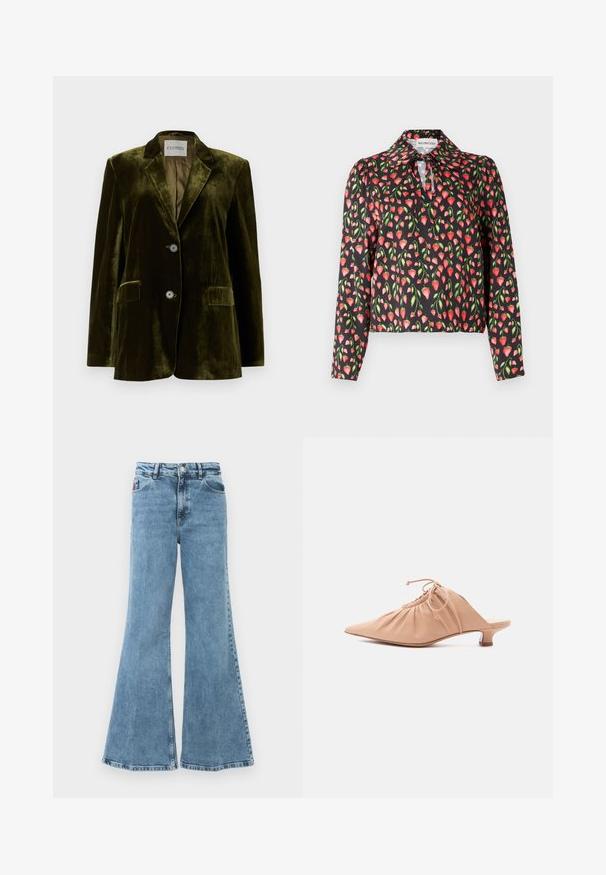 CLOSED LOLA - Blazer - marsh green; Blouse noire avec un motif floral de fraises rouges et de feuilles vertes, dotée d'un col et d'une ouverture en forme de clé au niveau du décolleté.; Jean en denim bleu évasé avec une taille haute. Comprend cinq poches, un tissu léger et un délavage vieilli avec une texture lisse.; Mule pour femme en cuir beige avec bout pointu, dessus froncé, lien de serrage et petit talon kitten, sur fond blanc.