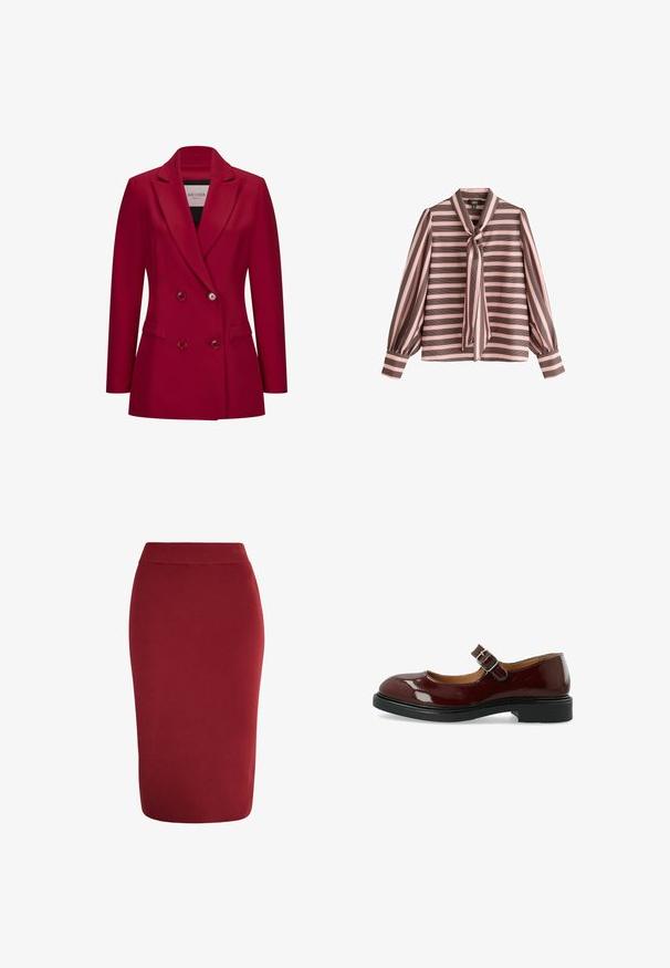 Doppelt manteau roter Blazer aus glattem Stoff, mit einem Reverskragen, zwei Fronttaschen und runden Knöpfen. Tailored Fit, ungefüttert.; Langärmlige Bluse mit rosa und braunen horizontalen Streifen, gebundener Schleife am Hals und geknöpften Manschetten auf weißem Hintergrund.; Rote, gerippte Strick- Bleistiftrock mit figurbetonter Passform, elastischem Bund und knielangem Saum, der ein elegantes, strukturiertes Finish zeigt.; Bianco BIAADDA MARY JANE LAK - Pumps - burgundy