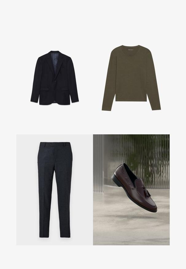 Marineblazer i struktureret stof med spids revers, to frontlommer, en enkelt knaplukning og glat for.; Olivegrøn langærmet t-shirt med rund halsudskæring, lavet af blødt stof, med lige kant og diskrete syninger.; Mørkegrå skræddersyede bukser lavet af tekstureret stof. Har en enkelt knaplukning og lige ben-design med sidelommer.; Brune læder loafers med en glat tekstur, med dekorative kvaster og en forhøjet sømdetalje, sat mod en minimalistisk baggrund.