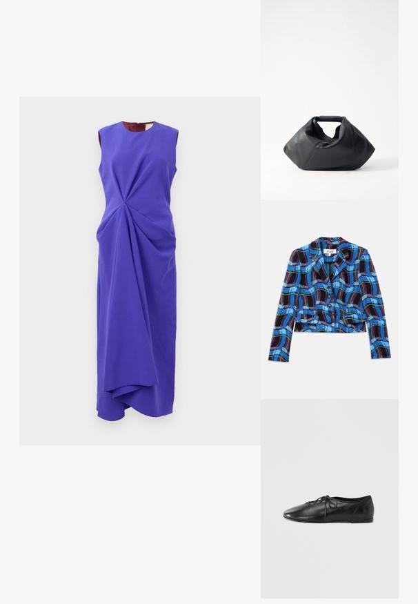 Afskåret blazer i blå, sort og grøn ternet mønster. Har en klapkrave og fem sorte knapper foran.; Ærmeløs lilla midi-kjole med asymmetrisk drapering fra taljen, med rund halsudskæring og en tætsiddende silhuet.; Sort læder flad sko med spids tå, med snørebånd foran og blød tekstur. Lavprofil design, minimale hardware detaljer.; Sort lædertaske med en struktureret overflade, unik krøllet form og et kort håndtag. Har et enkelt hovedrum.