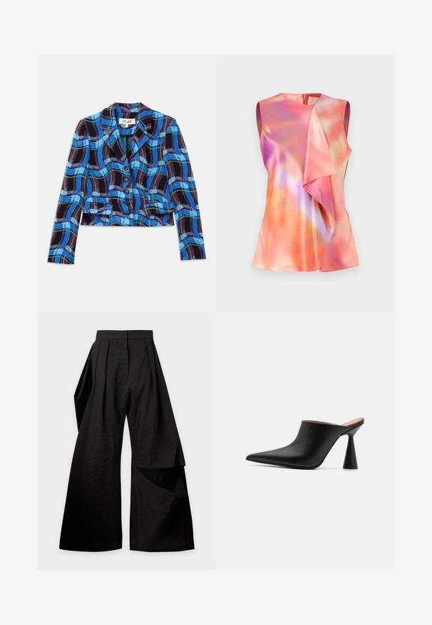 Afskåret blazer i blå, sort og grøn ternet mønster. Har en klapkrave og fem sorte knapper foran.; Ærmeløs top i satinmateriale, der præsenterer et farverigt abstrakt mønster med nuancer af pink, orange og violet, samt en draperet frontdesign.; Sort viddebukser med læg ved taljen og et overlappende stofstykke på højre ben.; Sorte lædermules med spids tå og en unik kegleformet hæl. Glat tekstur og minimalistisk design, åben bagside for nem påtagning.