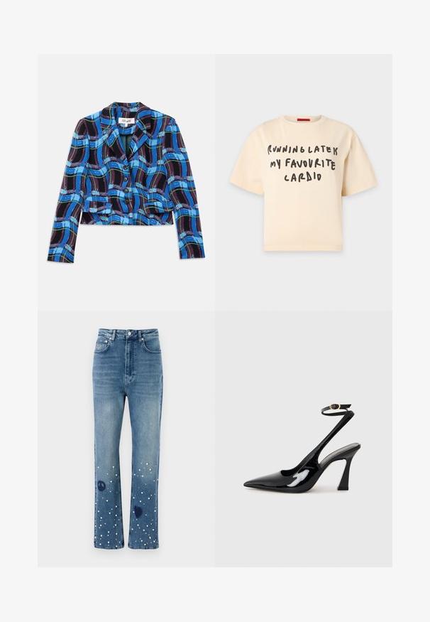 Afskåret blazer i blå, sort og grøn ternet mønster. Har en klapkrave og fem sorte knapper foran.; Beige T-shirt med korte ærmer med håndskrevet sort tekst på forsiden, der lyder: "Running late is my favourite cardio".; Blå denimjeans med høj talje, lige pasform, prydet med hvide perler samt freds- og hjerte-symboler nær kanten.; Sorte patentlæder slingback højhælede sko med spids tå, justerbar ankelrem og moderat blokhæl. Glat tekstur med blank finish.
