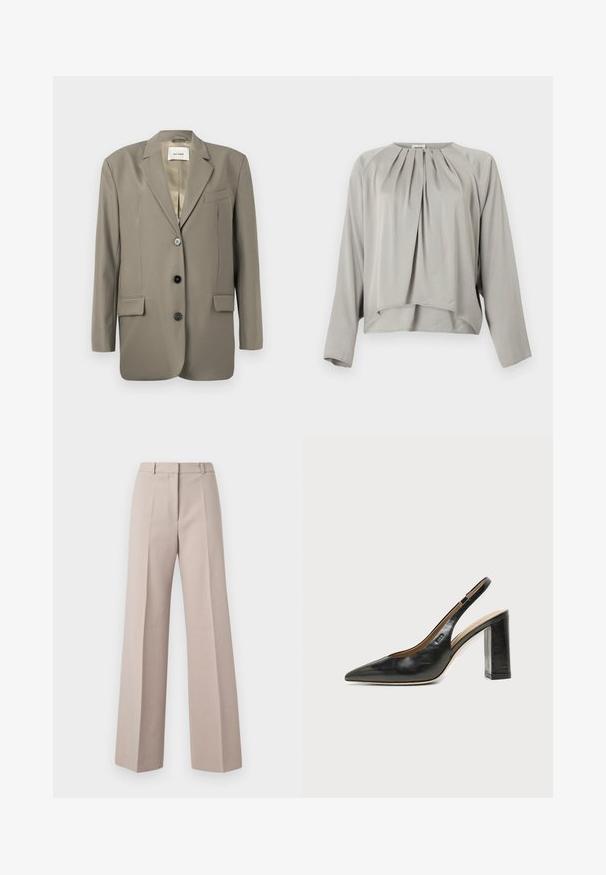 Oversized grijze blazer met een gesneden revers, twee voork létels, drie zwarte knopen en een satijnen voering. Minimalistisch ontwerp met een gestructureerde vorm.; Lichtgrijze blouse met lange mouwen, ronde halslijn, plooien aan de voorkant en een licht asymmetrische zoom.; Beige wijde broek van een soepele stof, met een hoge taille, voorkreuken en een op maat gemaakte pasvorm.; Zwarte leren slingback schoen met spits toelopend neusje, hoge blokhak en beige binnenvoering tegen een effen lichte achtergrond.